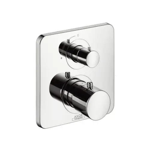 Thermostat mit zwei Drehreglern zur Temperatur- und Durchflussregelung, in Chromfarbe, eingebaut in eine Wandplatte, mit AXOR-Logo im unteren Bereich.